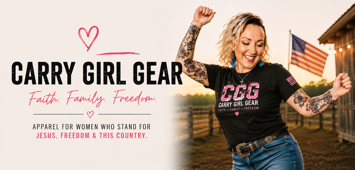 A woman with blonde hair and tattoos poses outdoors wearing a black t-shirt with 'CBB Carry Girl Gear' printed on the front, paired with blue jeans. The left side of the image features a clean white panel with pink and black text reading 'CARRY GIRL GEAR Faith.
