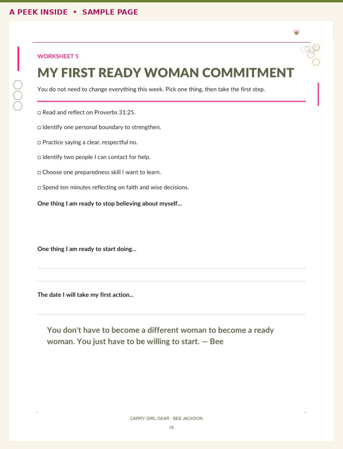 A worksheet page titled 'MY FIRST READY WOMAN COMMITMENT' with text prompts, a quote from Proverbs 31:25, and a blank line for the date of the first action. The page has a warm cream background with dark green and magenta text accents.