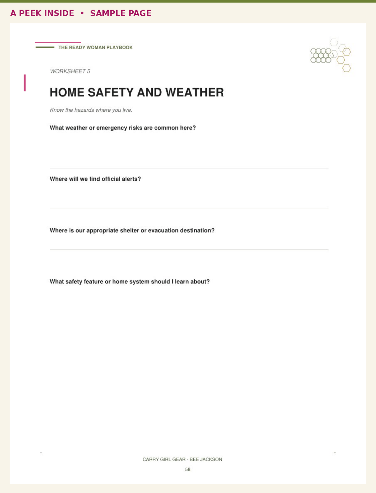 A worksheet page titled 'HOME SAFETY AND WEATHER' from 'The Brave Woman Playbook,' with short text prompts about weather, emergencies, alerts, shelter, and home safety features on a white page with a beige border.