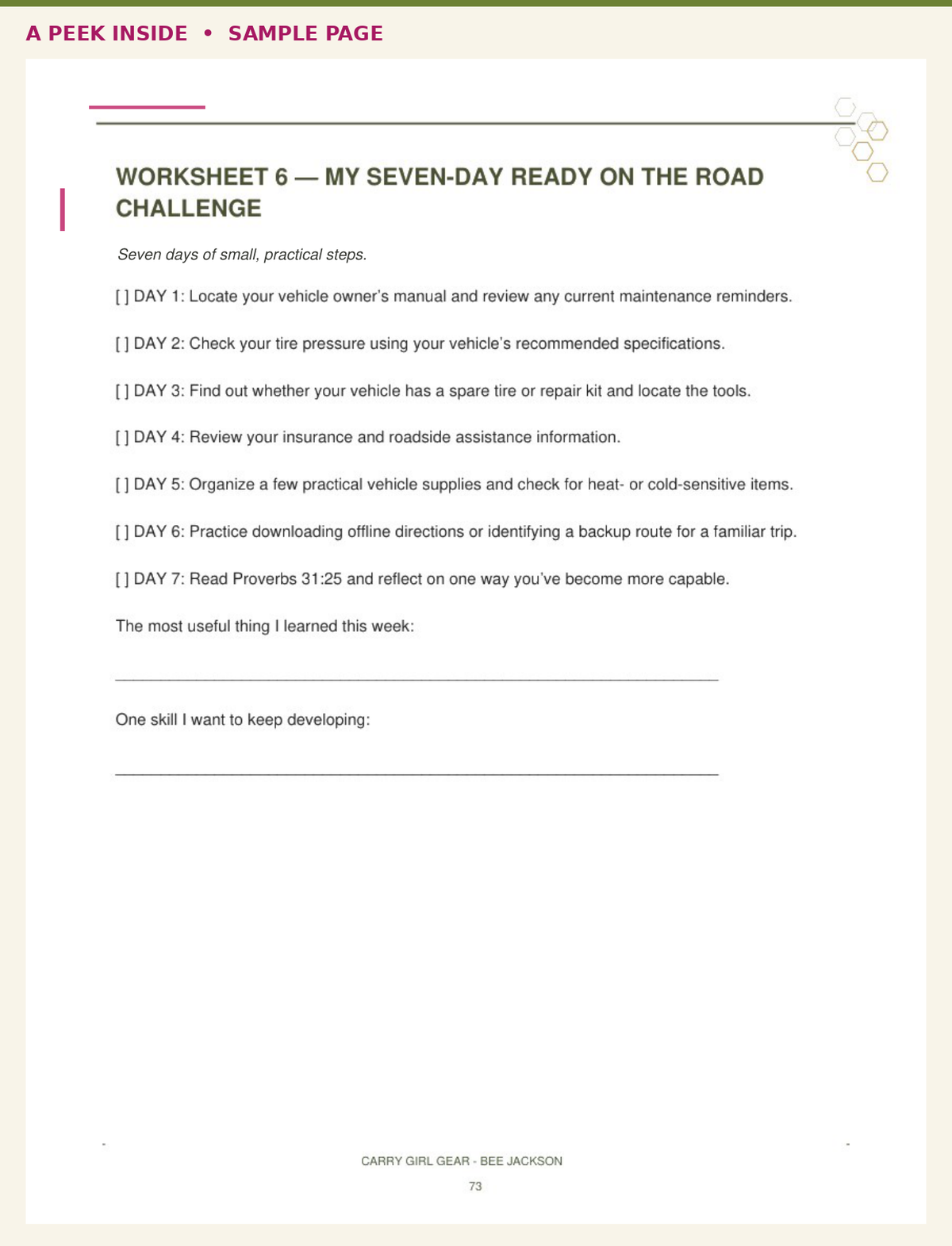 A worksheet page titled 'WORKSHEET 6 — MY SEVEN-DAY READY ON THE ROAD CHALLENGE' with a checklist of daily vehicle maintenance and reflection prompts, plus a small header reading 'A PEEK INSIDE • SAMPLE PAGE' at the top.