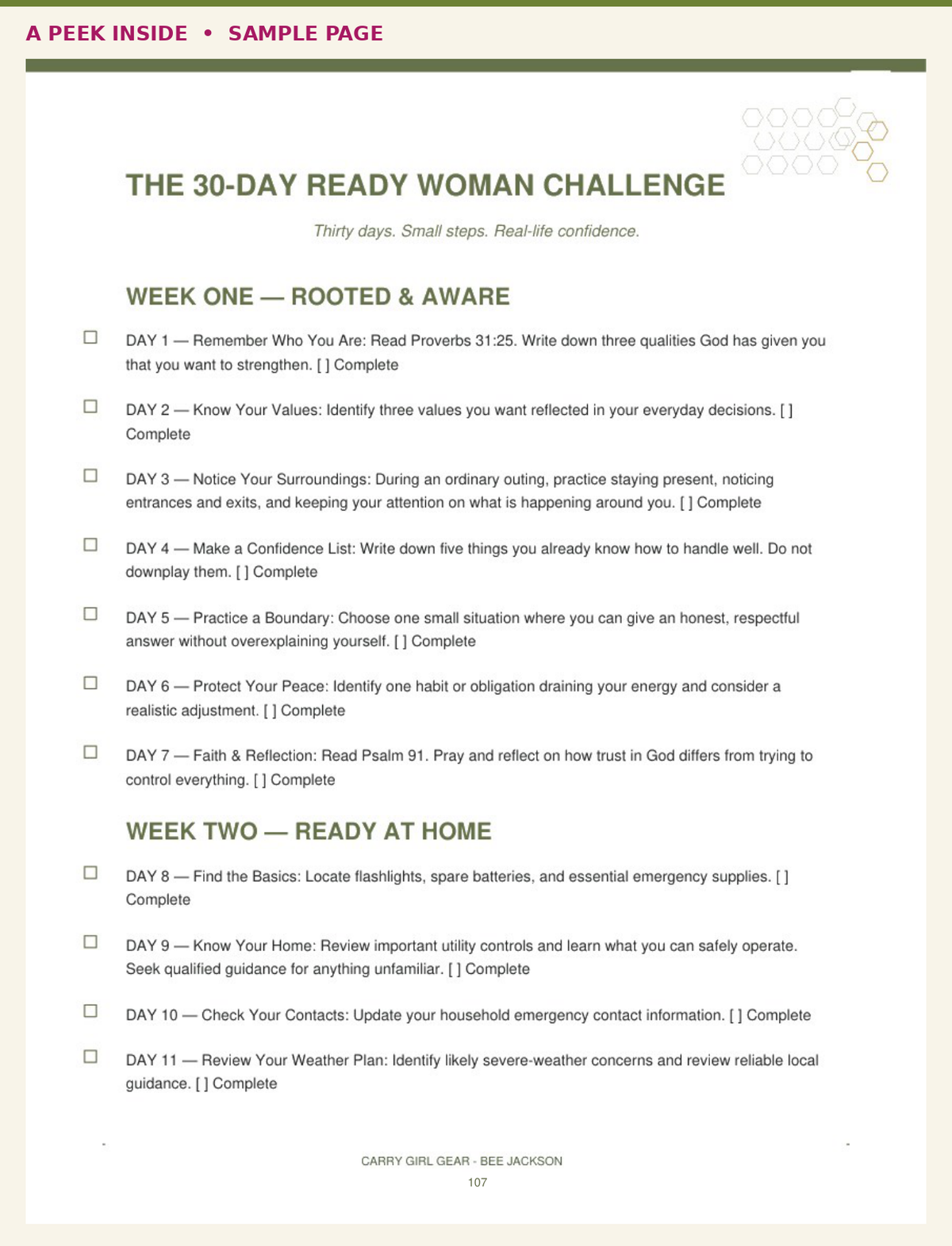 A sample page from a 30-day ready woman challenge booklet, featuring weekly checklists with Bible verses and prompts on a white background with a dark olive green header.