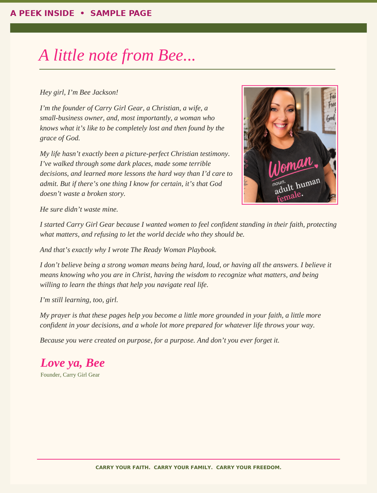 A sample page from a 'Peek Inside' book or booklet, featuring a sample letter titled 'A little note from Bee.