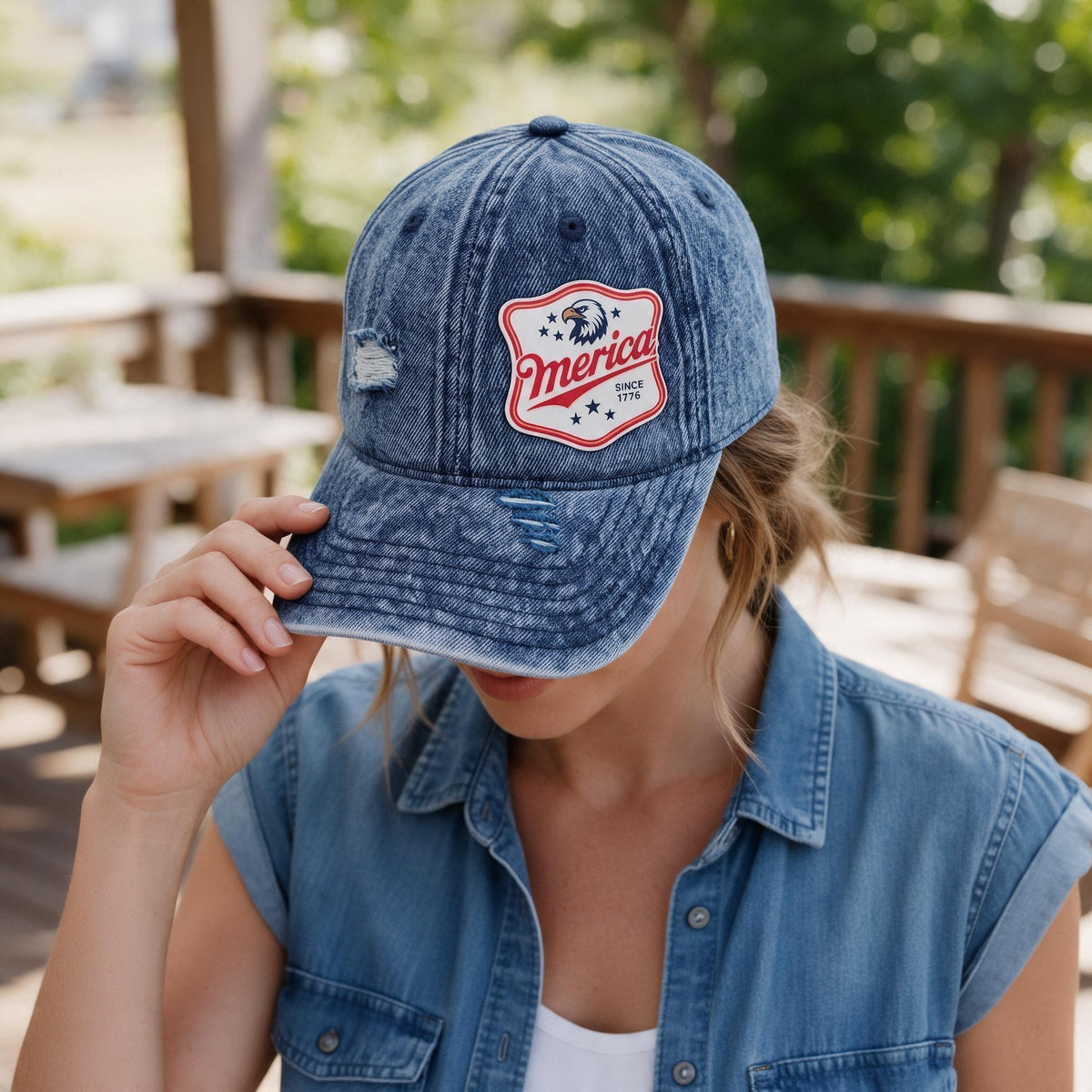 'MERICA Distressed Denim Patch Hat