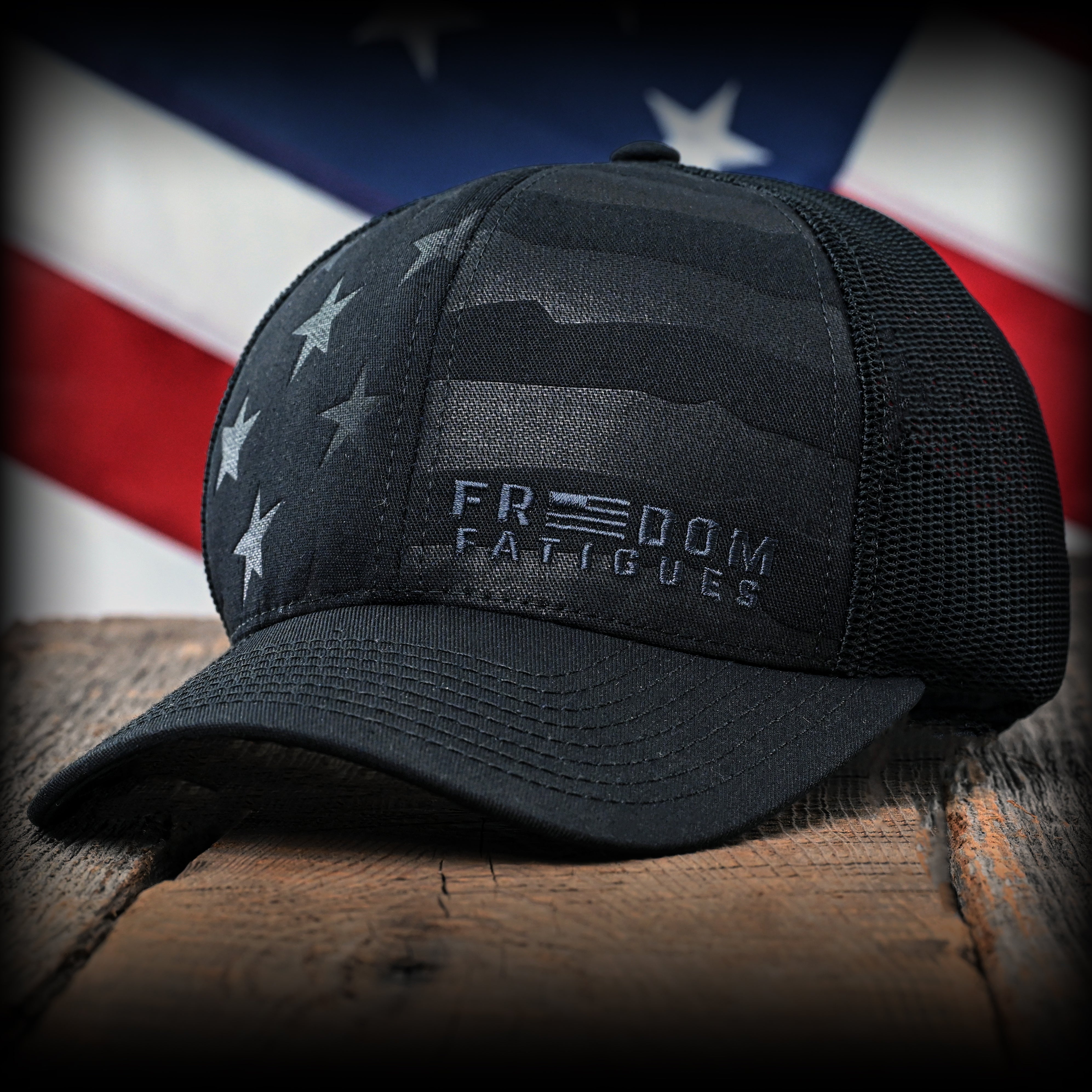 Blacked Out Debossed American Flag Trucker Hat