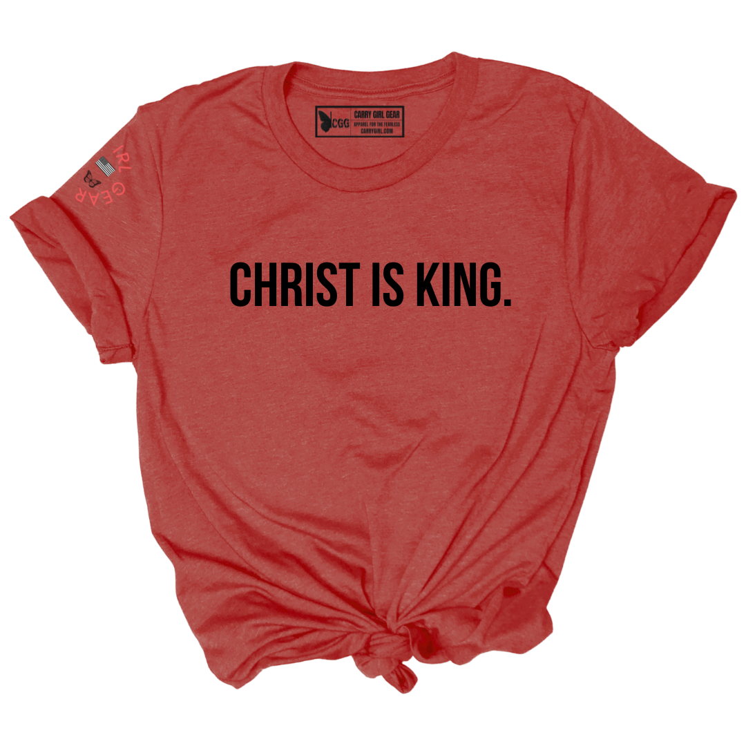 Red t-shirt with 'CHRIST IS KING.' text on a white background
