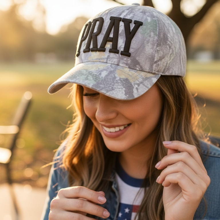 Woman wearing a cap with 'PRAY' on it, standing outdoors.