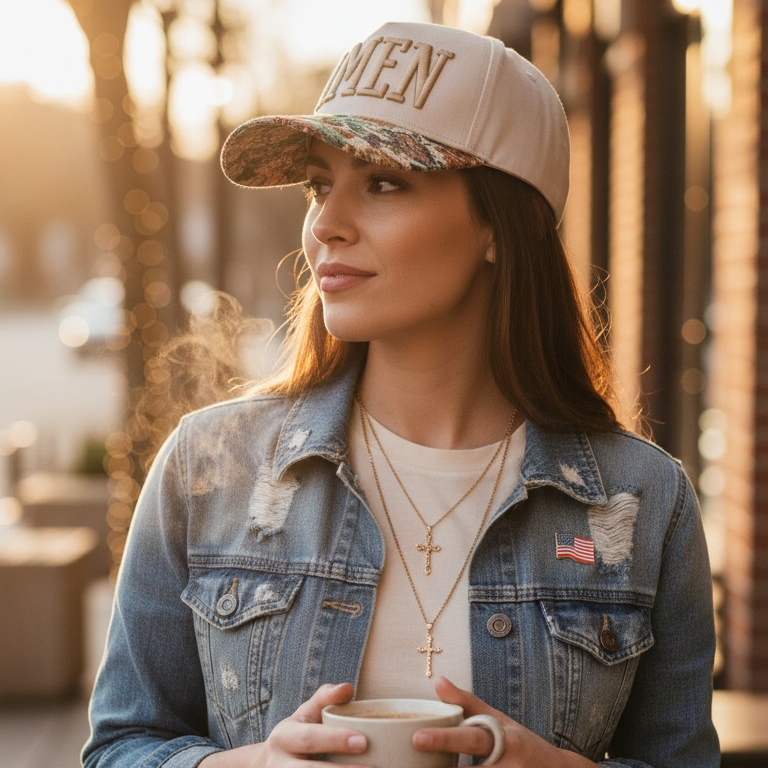 Woman holding a cup outdoors wearing a denim jacket and cap.