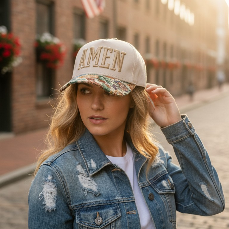 Woman wearing a cap with 'Amen' text in an urban setting
