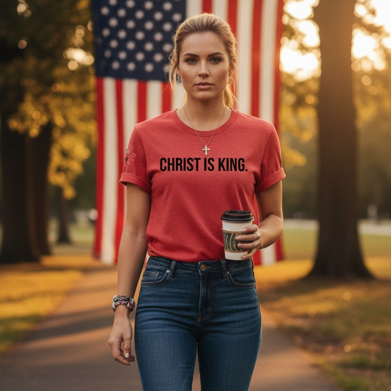 Woman in red t-shirt with 'Christ is King' text, blue jeans, and black boots standing outdoors with an American flag in the background.