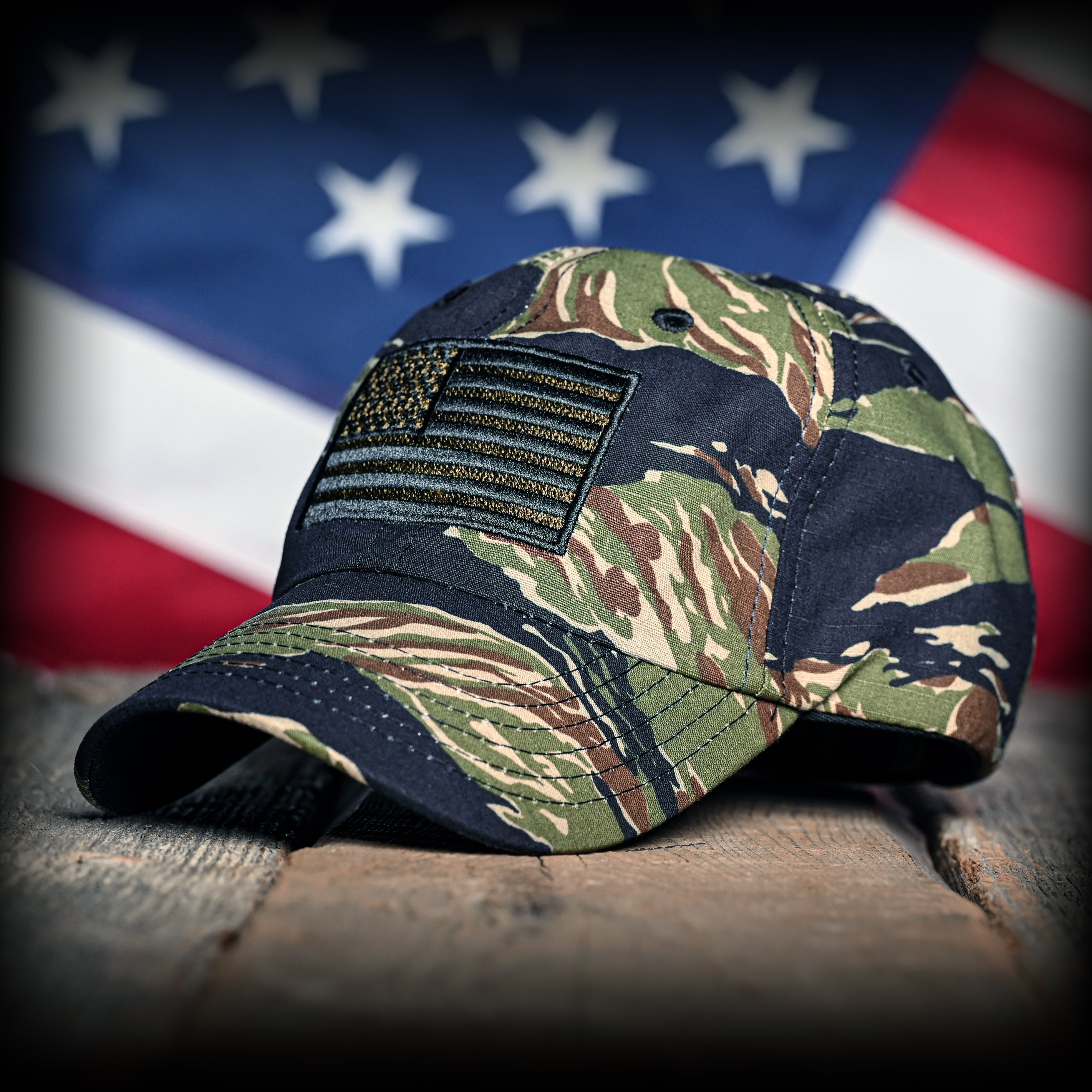 Tiger Stripe Camo Full Fabric American Flag Range Hat