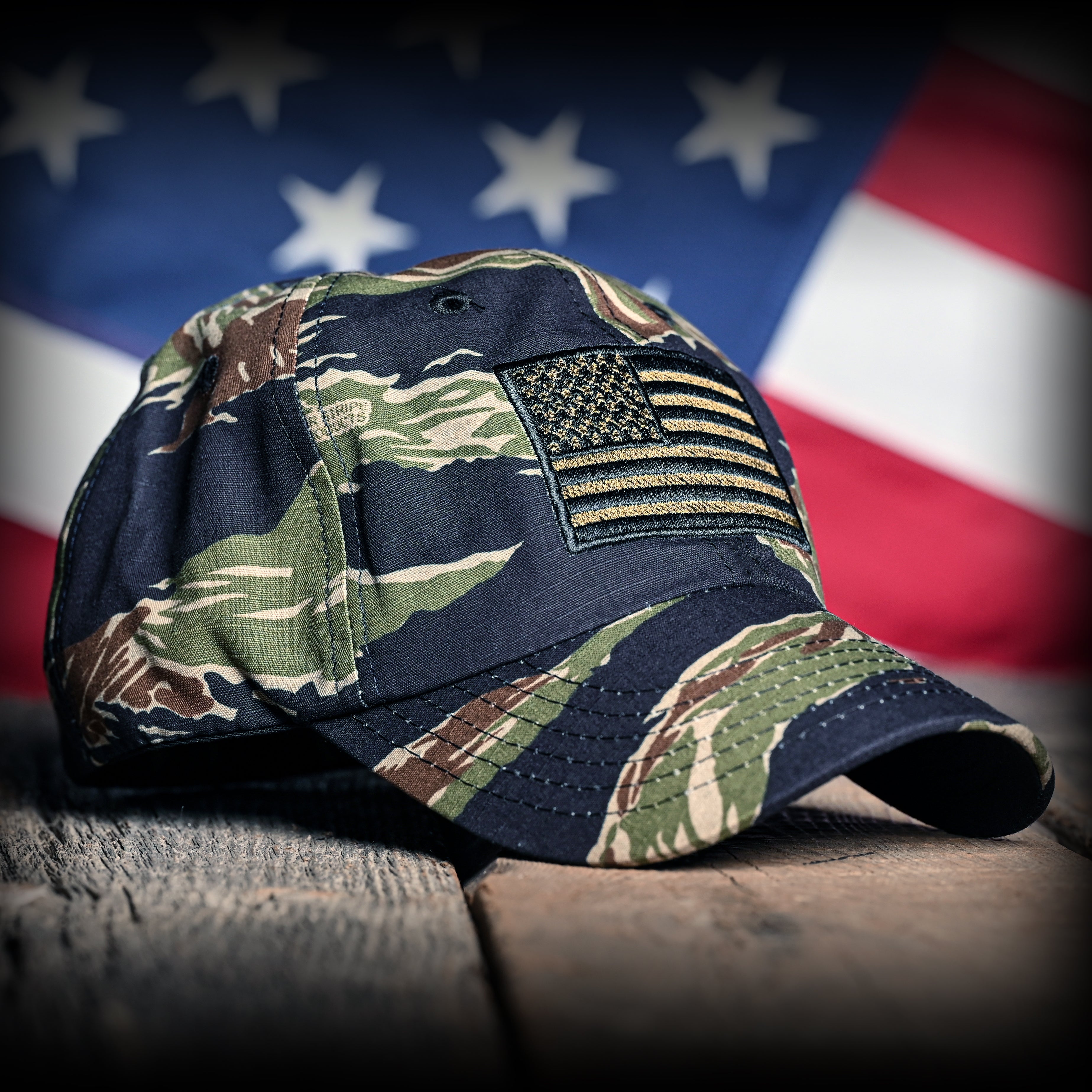 Tiger Stripe Camo Full Fabric American Flag Range Hat