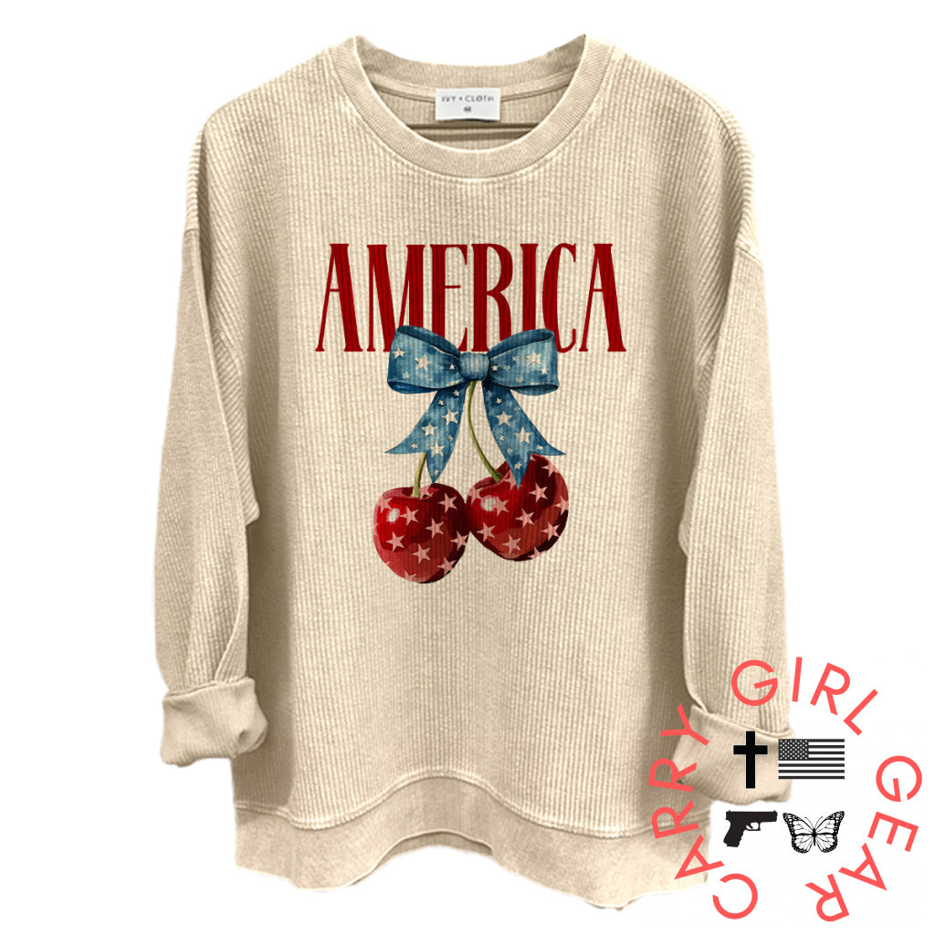 America Cherries (Front) Oversized Corded Crew / Moonbeam / S NC - Apparel