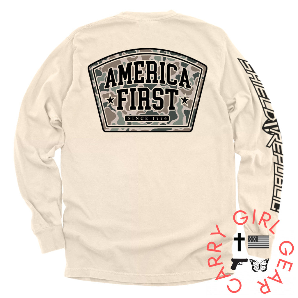 America First Duck Camo Ivory / S Comfort Colors Long Sleeve Nc - Apparel
