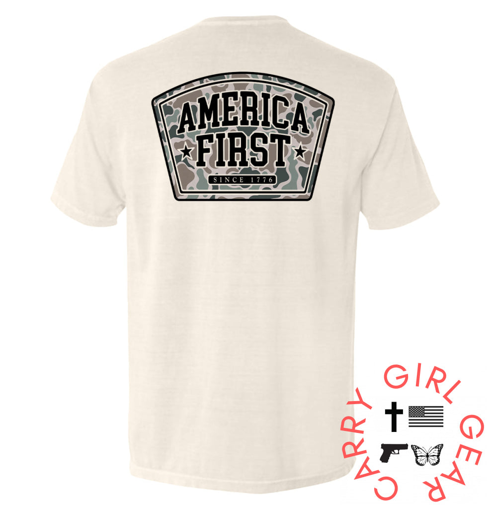America First Duck Camo Ivory / S Comfort Colors Pocket Tee Nc - Apparel