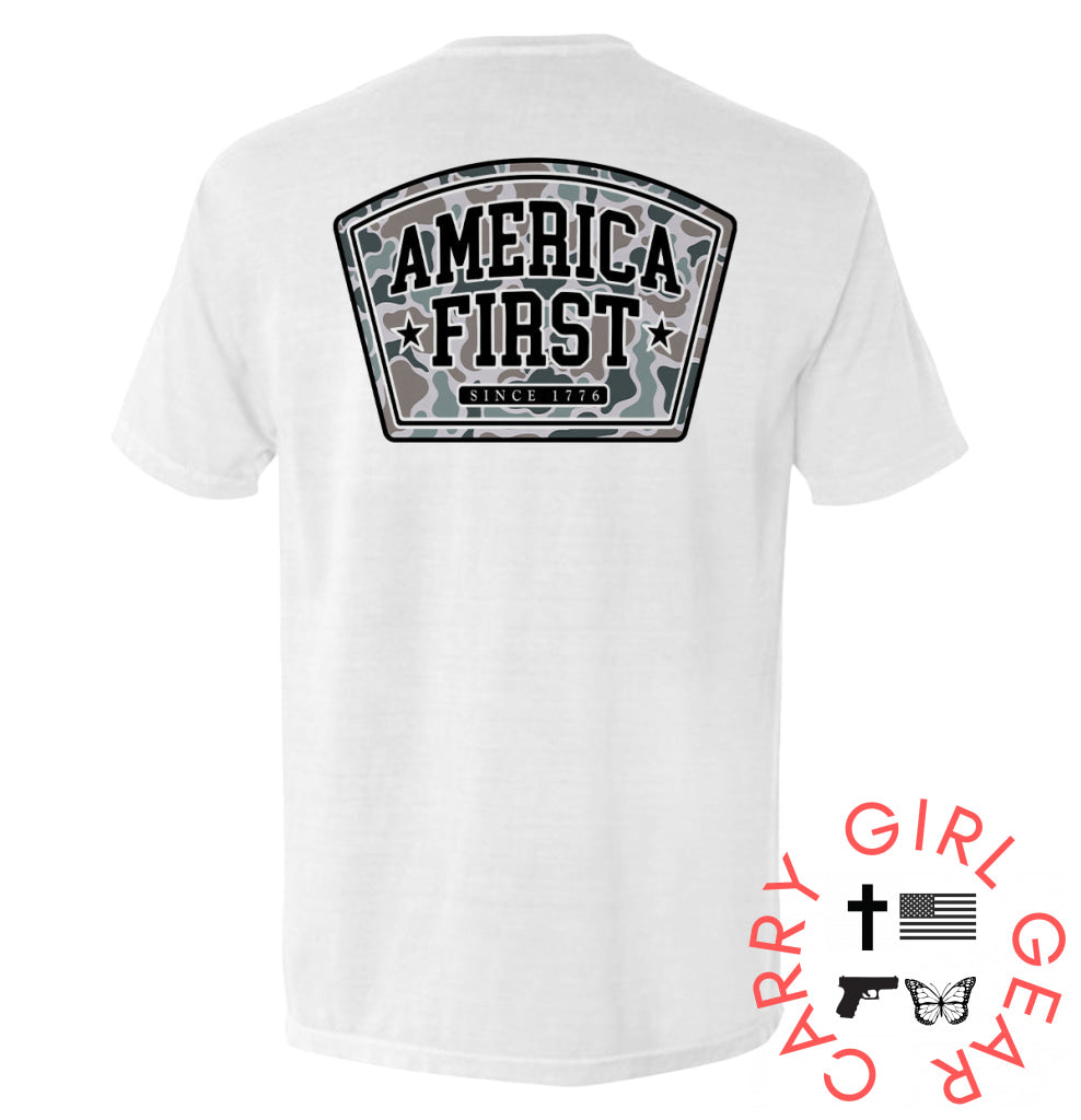 America First Duck Camo White / S Comfort Colors Pocket Tee Nc - Apparel