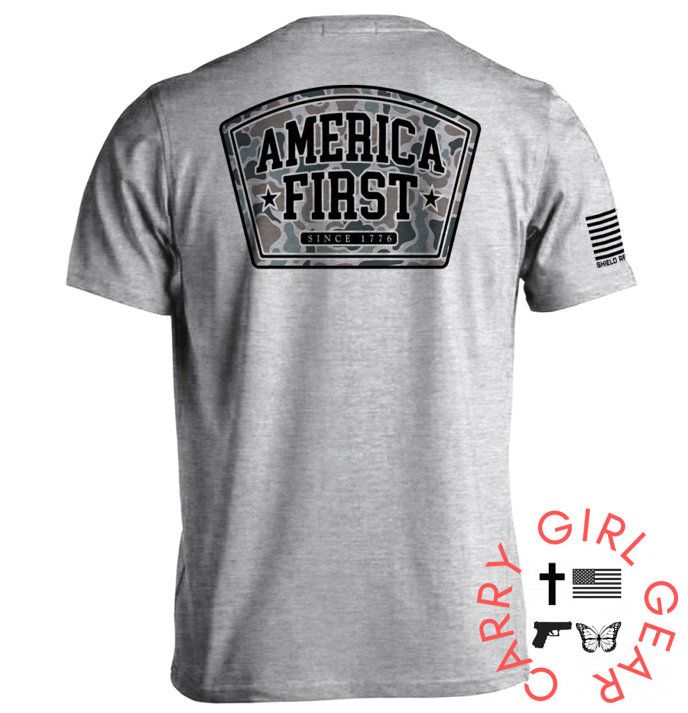 America First Duck Camo Sport Grey / S Tee Nc - Apparel