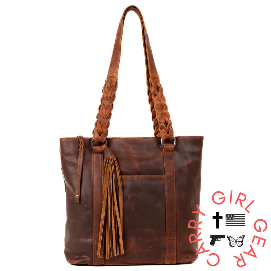 Concealed Carry Bella Leather Tote By Lady Conceal Cognac Totes