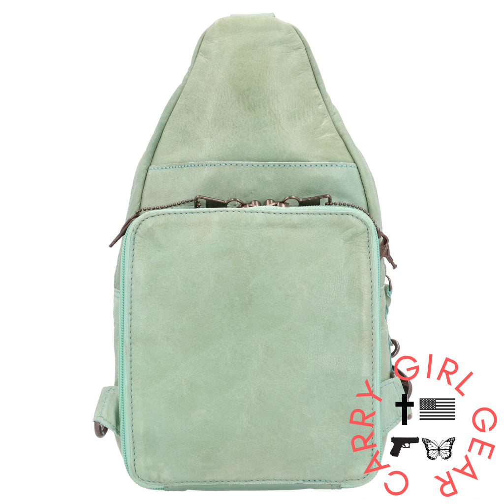 backpack sling leather Concealed Carry Haven Sling Leather Backpack by Lady Conceal, Mint