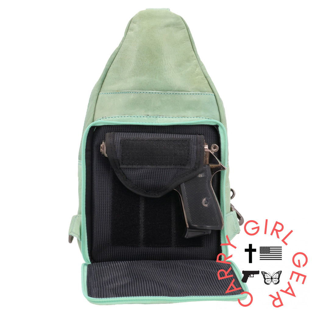 Concealed Carry Haven Sling Leather Backpack By Lady Conceal