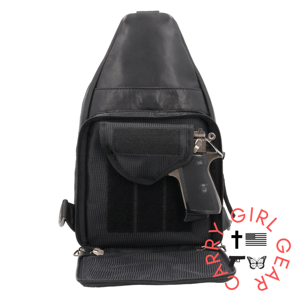 Concealed Carry Haven Sling Leather Backpack By Lady Conceal