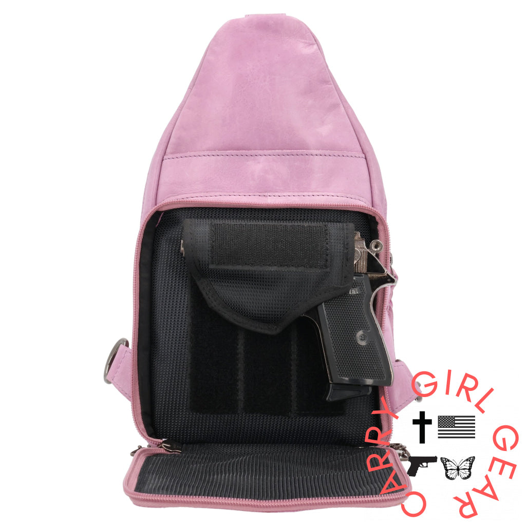 Concealed Carry Haven Sling Leather Backpack By Lady Conceal