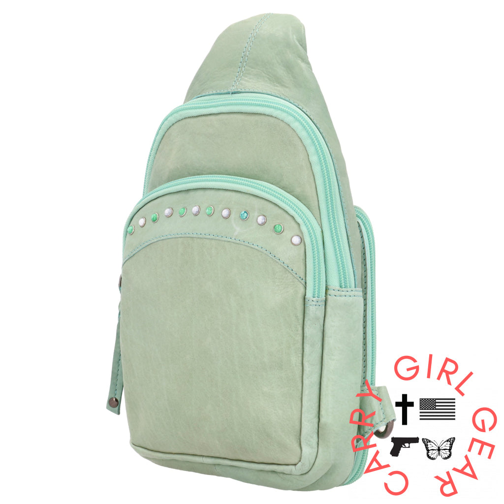 ccw leather sling purse backpack Concealed Carry Haven Sling Leather Backpack by Lady Conceal, Mint