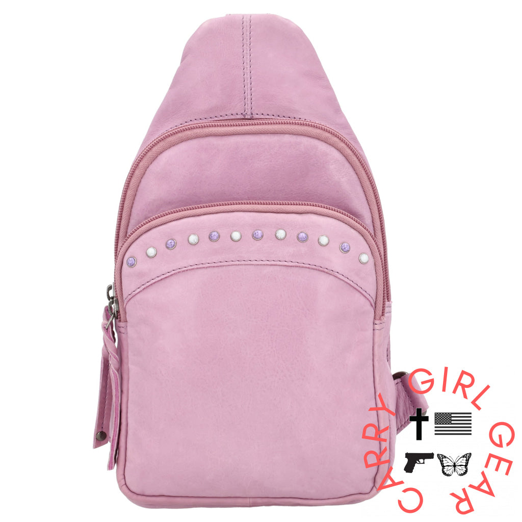Concealed Carry Haven Sling Leather Backpack By Lady Conceal Lilac With Purple Pearls