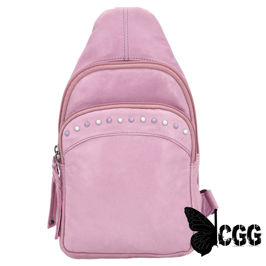 Concealed Carry Haven Sling Leather Backpack By Lady Conceal Lilac With Purple Pearls