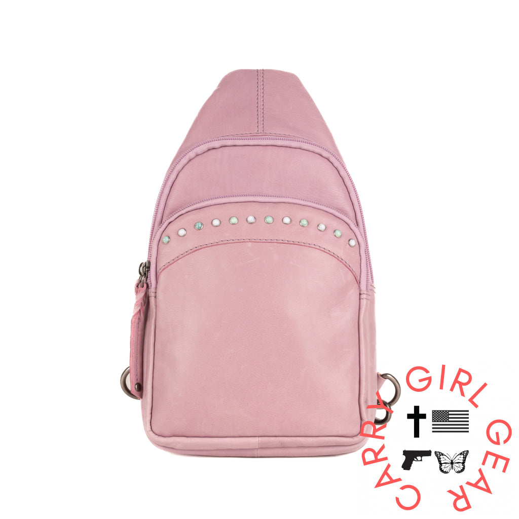 Concealed Carry Haven Sling Leather Backpack By Lady Conceal Lilac With Turquoise Pearls