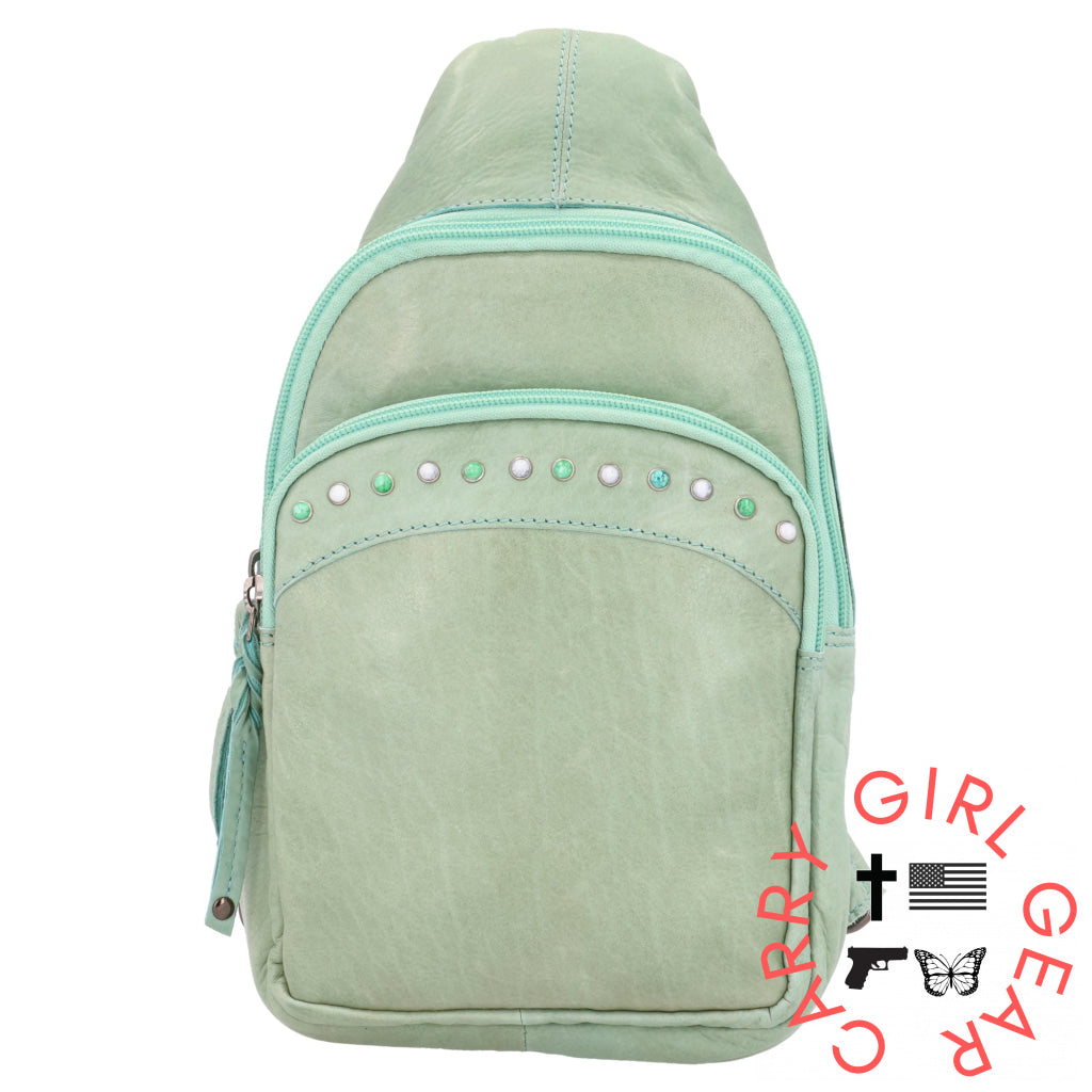 Concealed Carry Haven Sling Leather Backpack By Lady Conceal Mint
