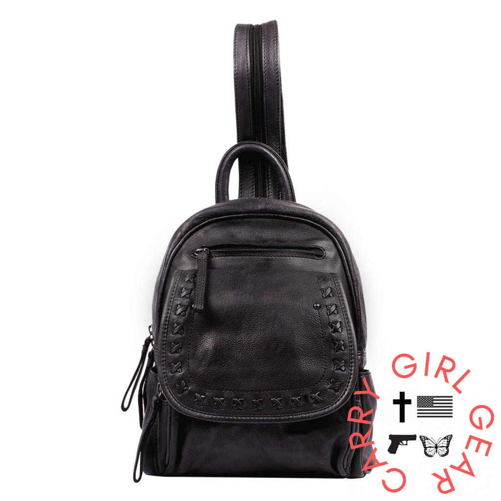 Concealed Carry RFID Daisy Leather Backpack by Lady Conceal Black