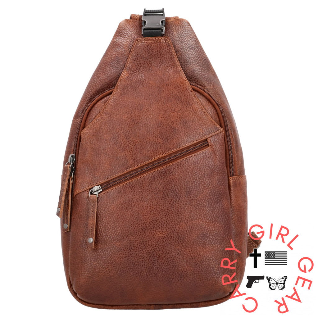 Concealed Carry Unisex Grayson Buffalo Leather Sling By Lady Conceal Cognac