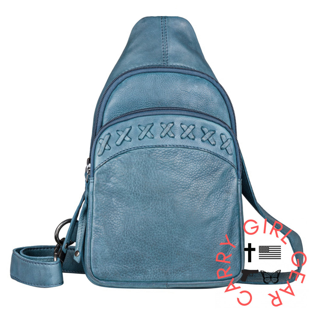 Concealed Carry Unisex Taylor Sling Leather Backpack By Lady Conceal Blue Slings