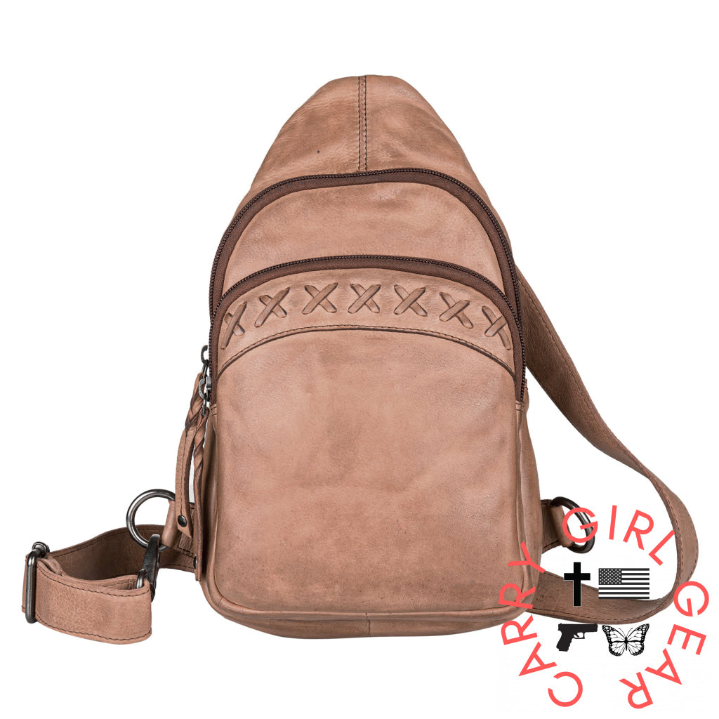 Concealed Carry Unisex Taylor Sling Leather Backpack By Lady Conceal Cognac Slings