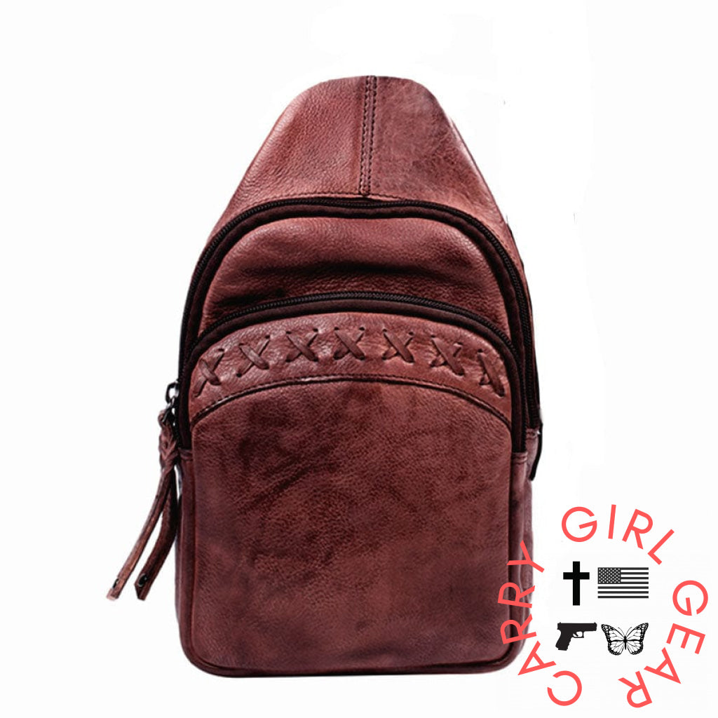 Concealed Carry Unisex Taylor Sling Leather Backpack By Lady Conceal Mahogany Slings
