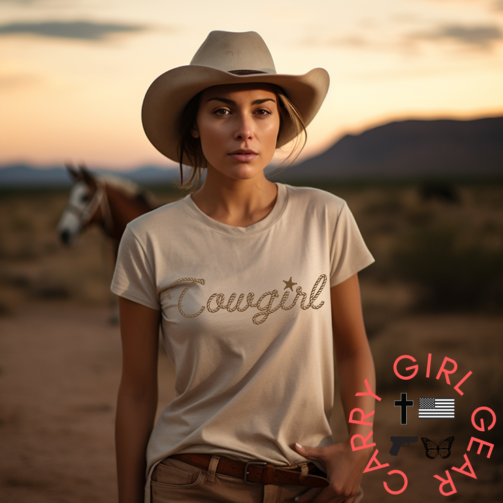 Cowgirl In Rope Graphic Tee Shirt For Country Girls- Bourbon T-Shirt