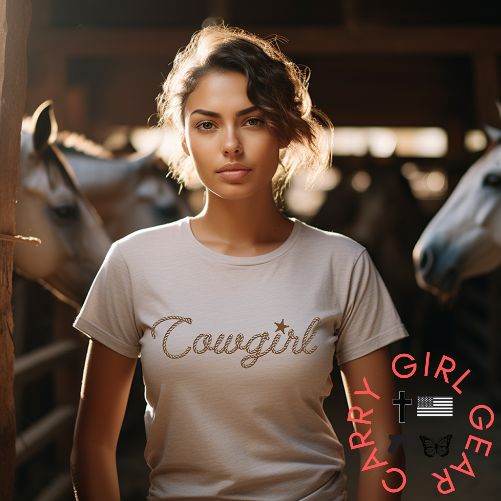 Cowgirl In Rope Graphic Tee Shirt For Country Girls- Bourbon T-Shirt