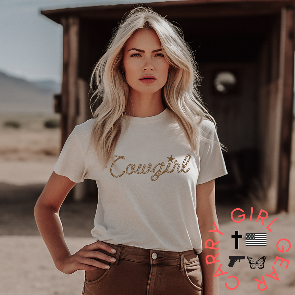 Cowgirl In Rope Graphic Tee Shirt For Country Girls- Bourbon T-Shirt