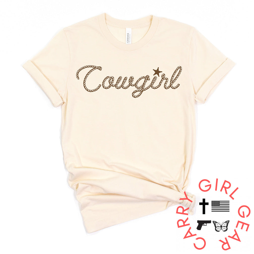 Cowgirl In Rope Graphic Tee Shirt For Country Girls- Bourbon T-Shirt