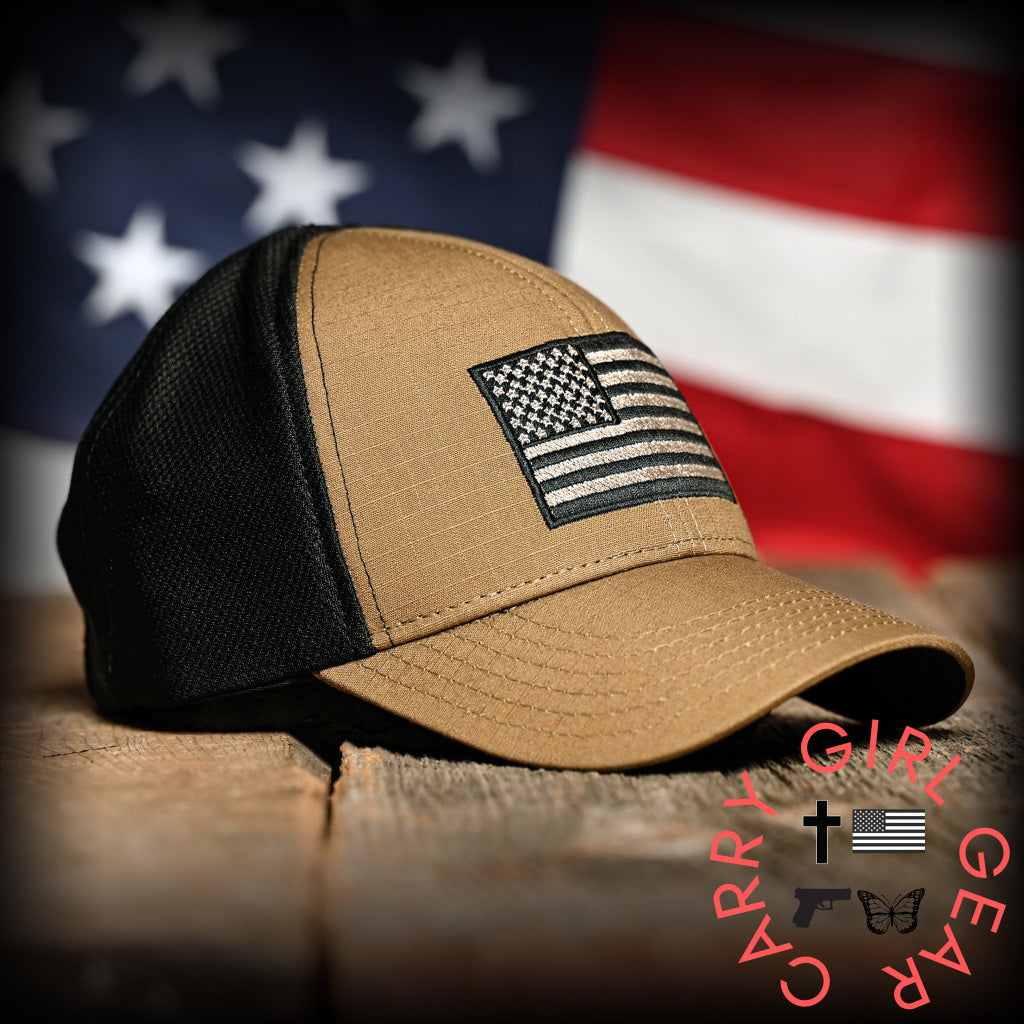 Coyote Brown Ripstop & Black Mesh American Flag Hat Hats