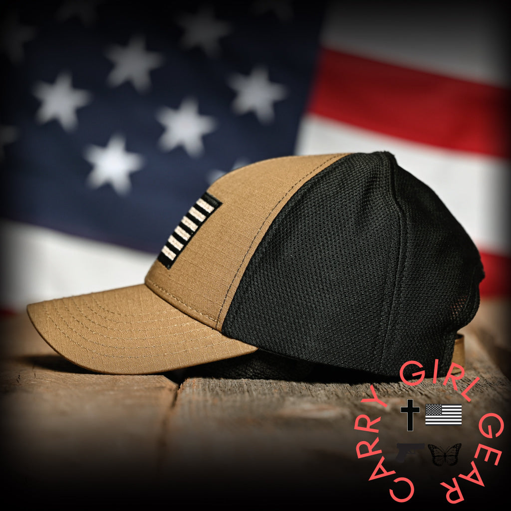 Coyote Brown Ripstop & Black Mesh American Flag Hat Hats