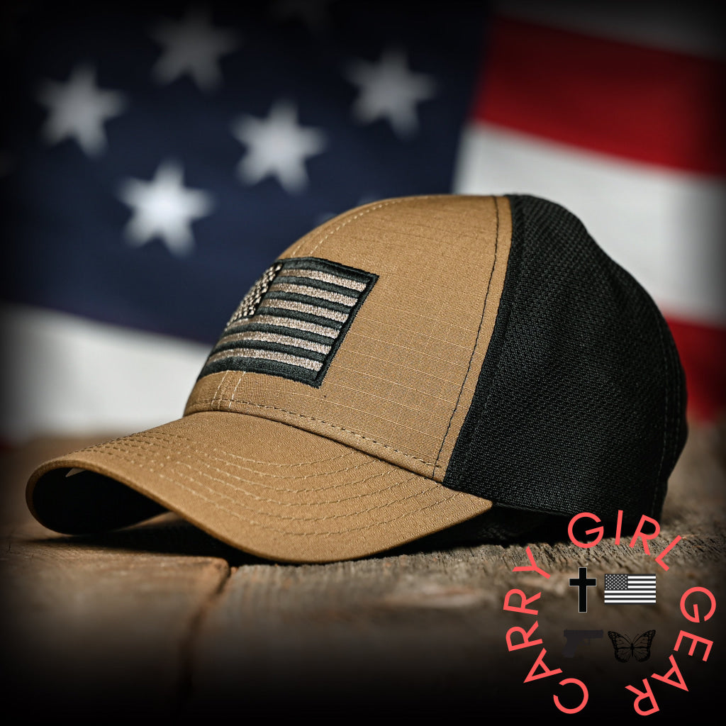 Coyote Brown Ripstop & Black Mesh American Flag Hat Hats