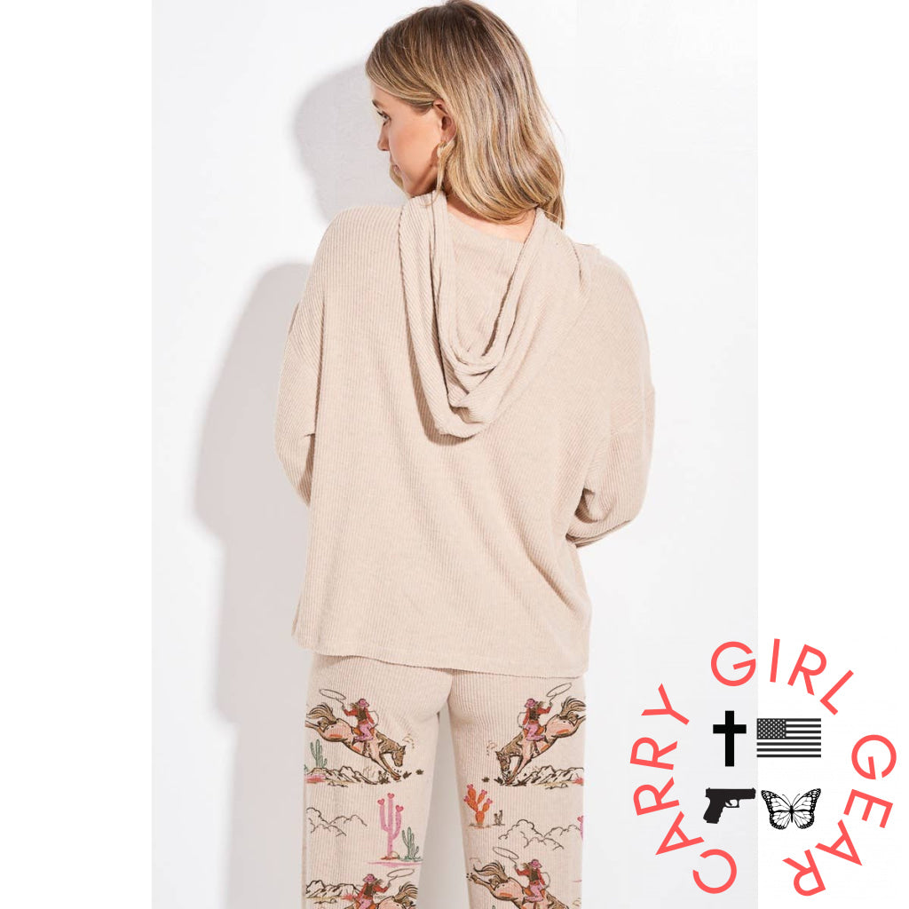 Desert Cowgirl Print Rib Hoodie Loungewear Set