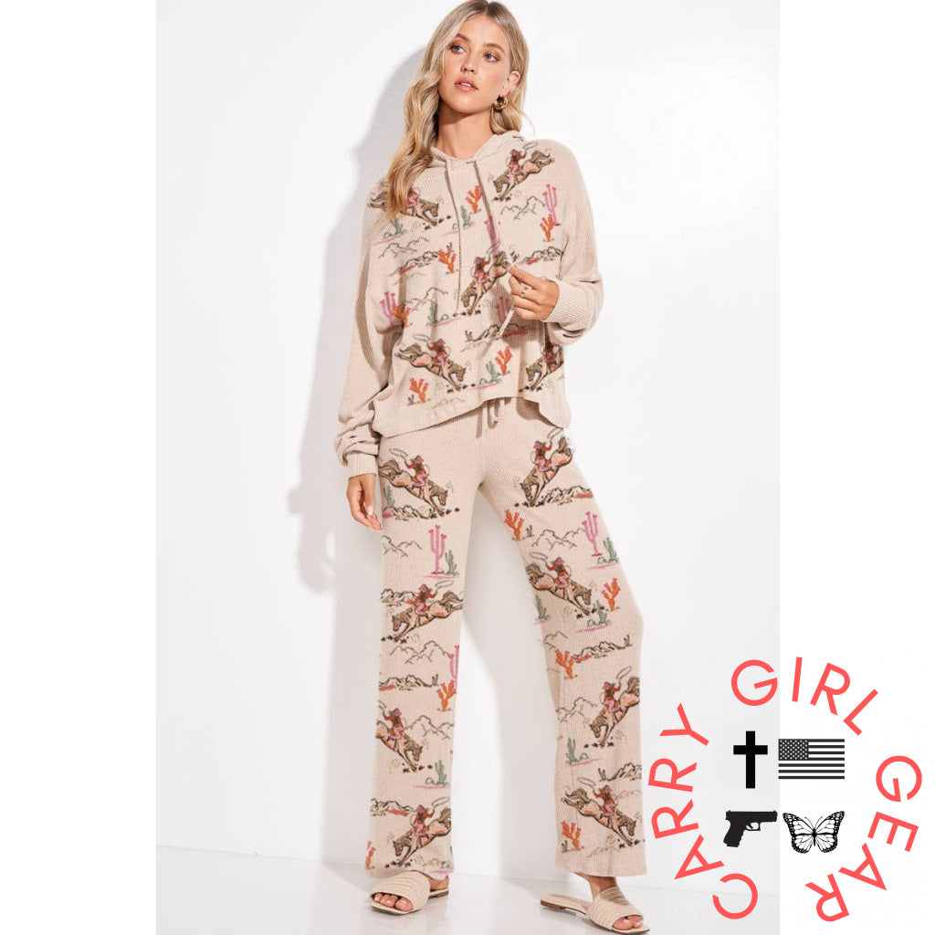 Desert Cowgirl Print Rib Hoodie Loungewear Set