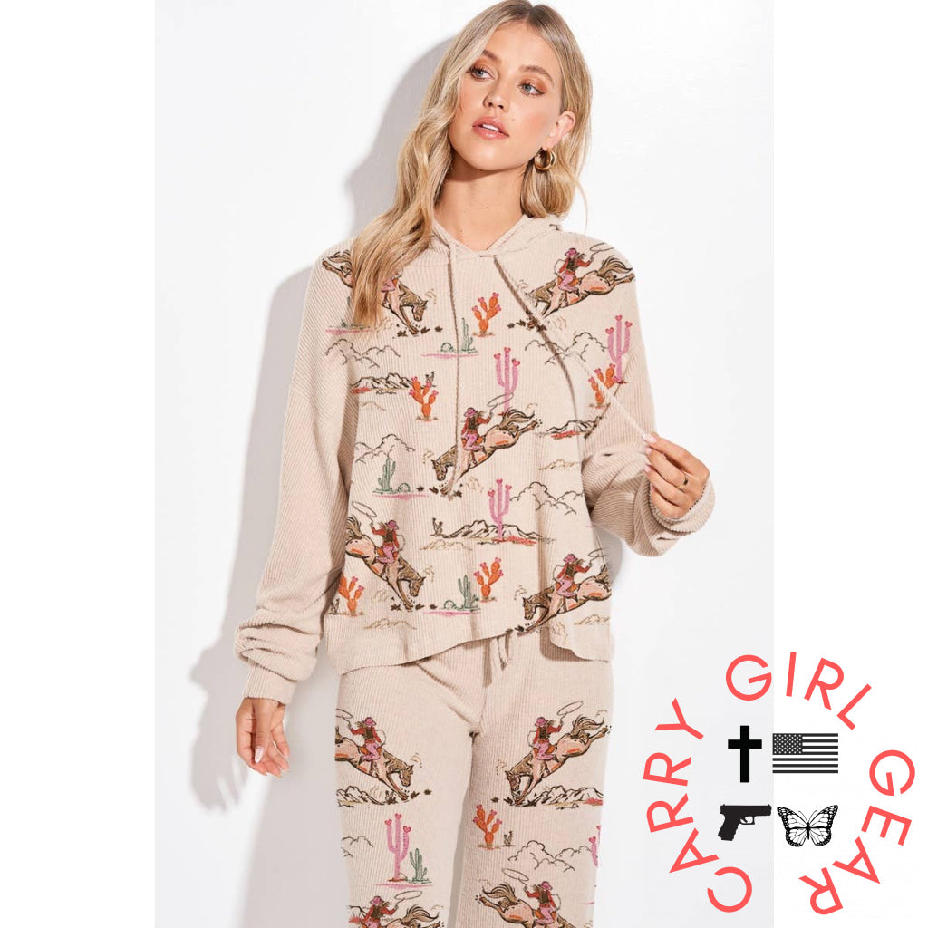 Desert Cowgirl Print Rib Hoodie Loungewear Set S