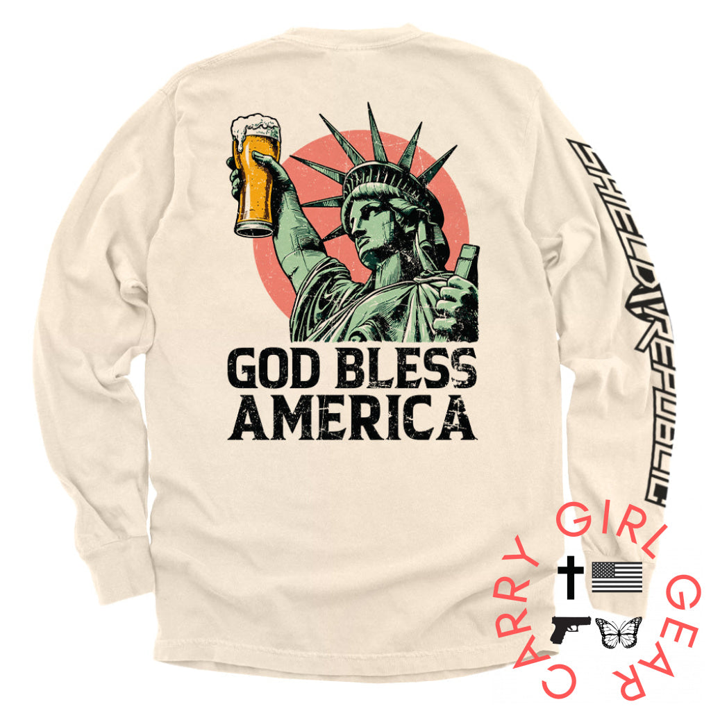 God Bless America Ivory / S Comfort Colors Long Sleeve Nc - Apparel