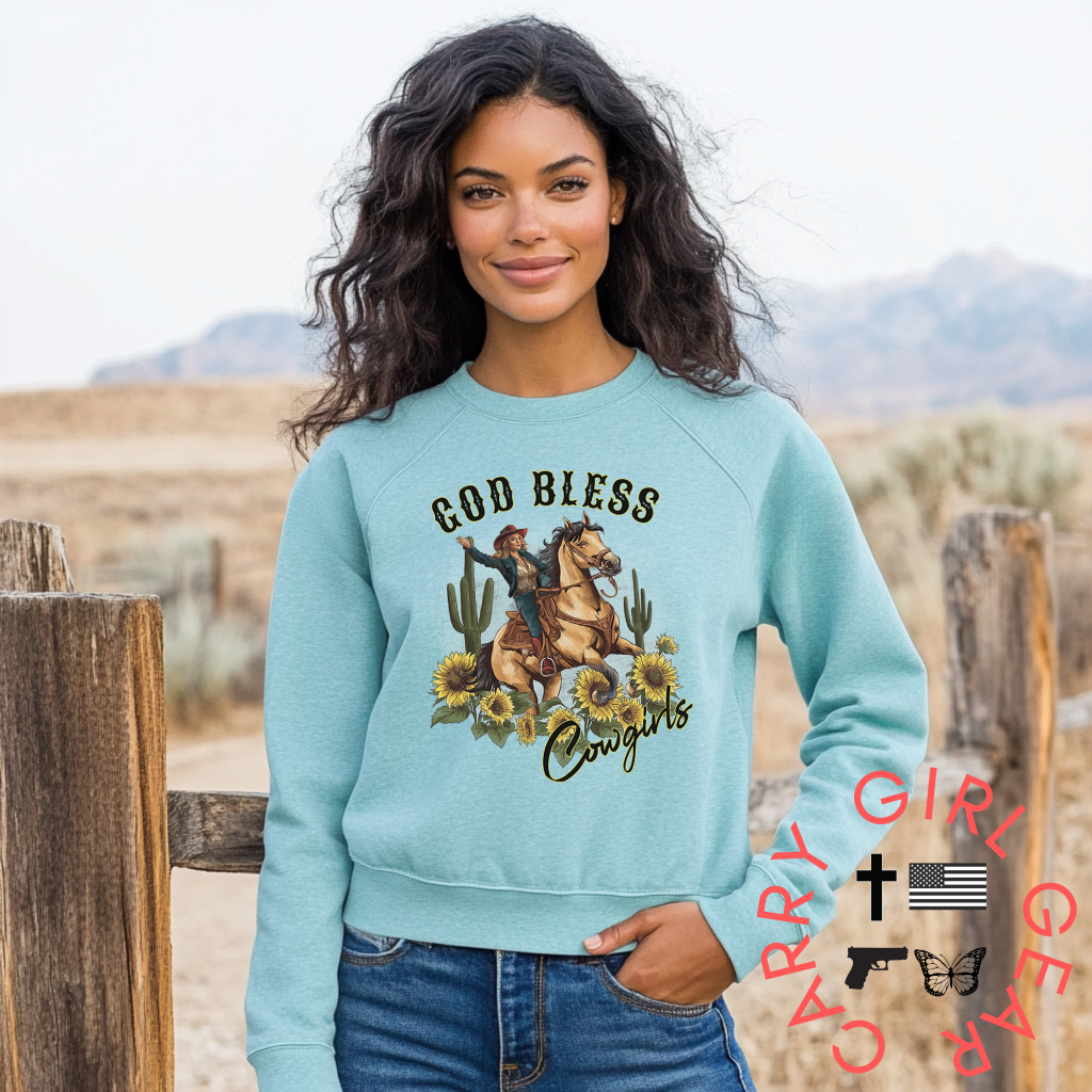 God Bless Cowgirls Crew Sweatshirt By Bourbon Cowgirl Shirts