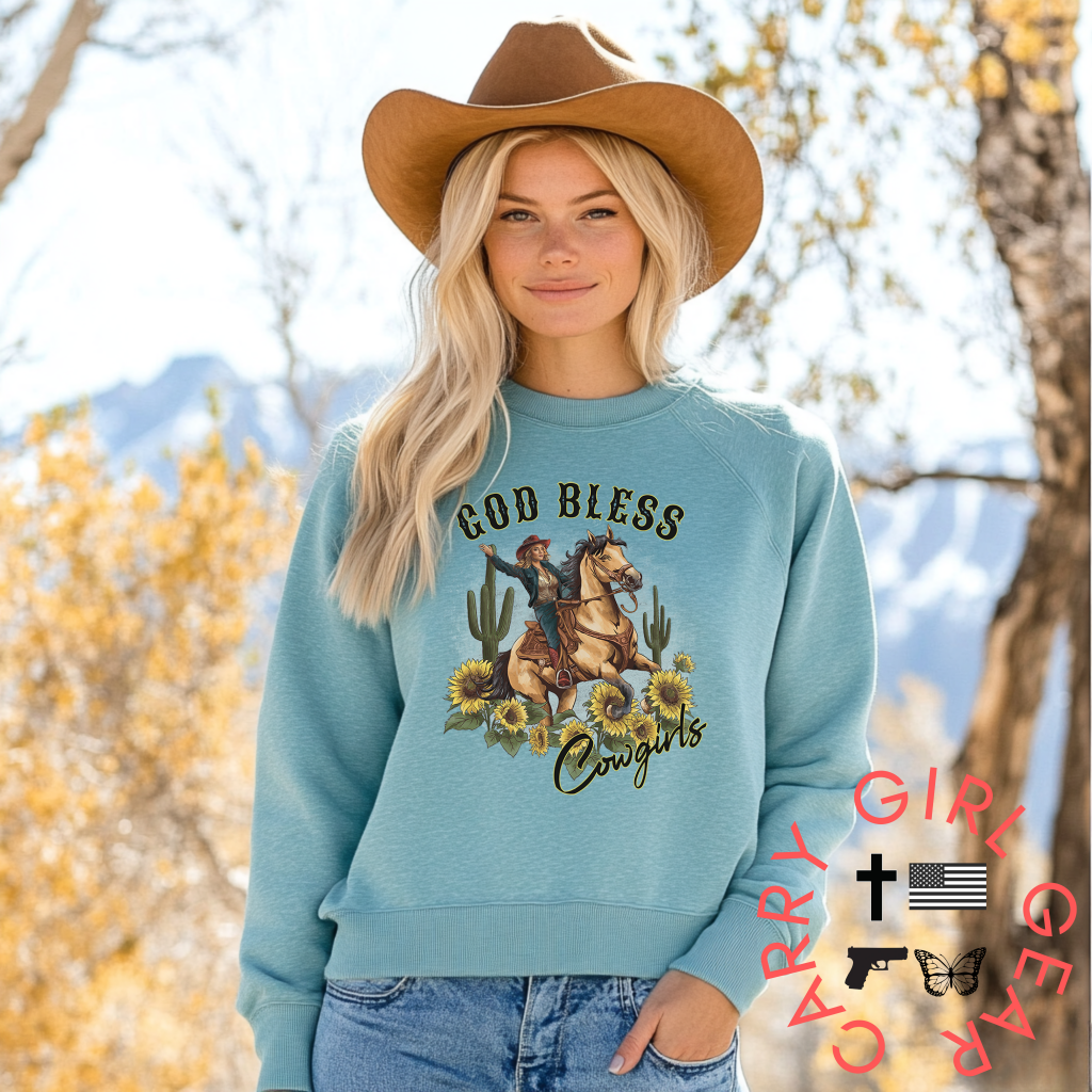 God Bless Cowgirls Crew Sweatshirt By Bourbon Cowgirl Shirts