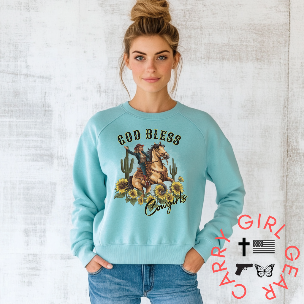 God Bless Cowgirls Crew Sweatshirt By Bourbon Cowgirl Shirts