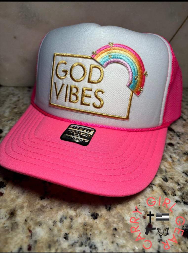 God Vibes trucker hat Neon pink with white panel